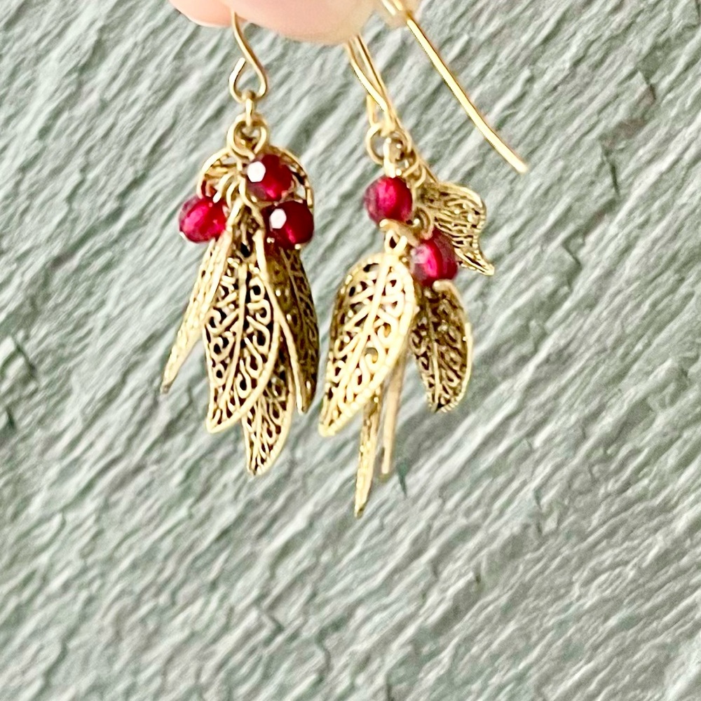 Leaf Bunch Dangle Earrings with Red Accents